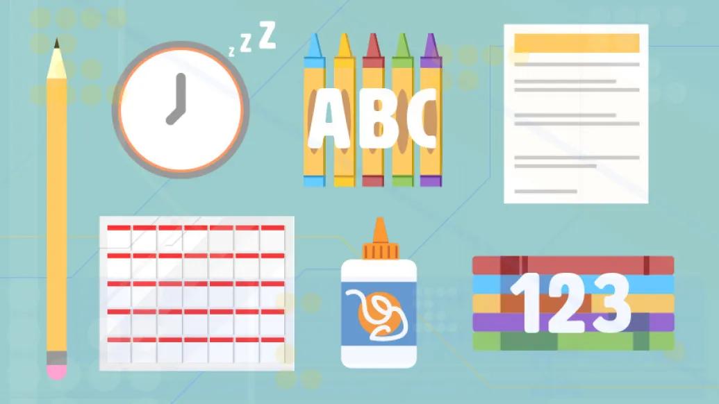 Light blue background with pencil, clock, calendar, ABC crayons, markers, paper, and glue