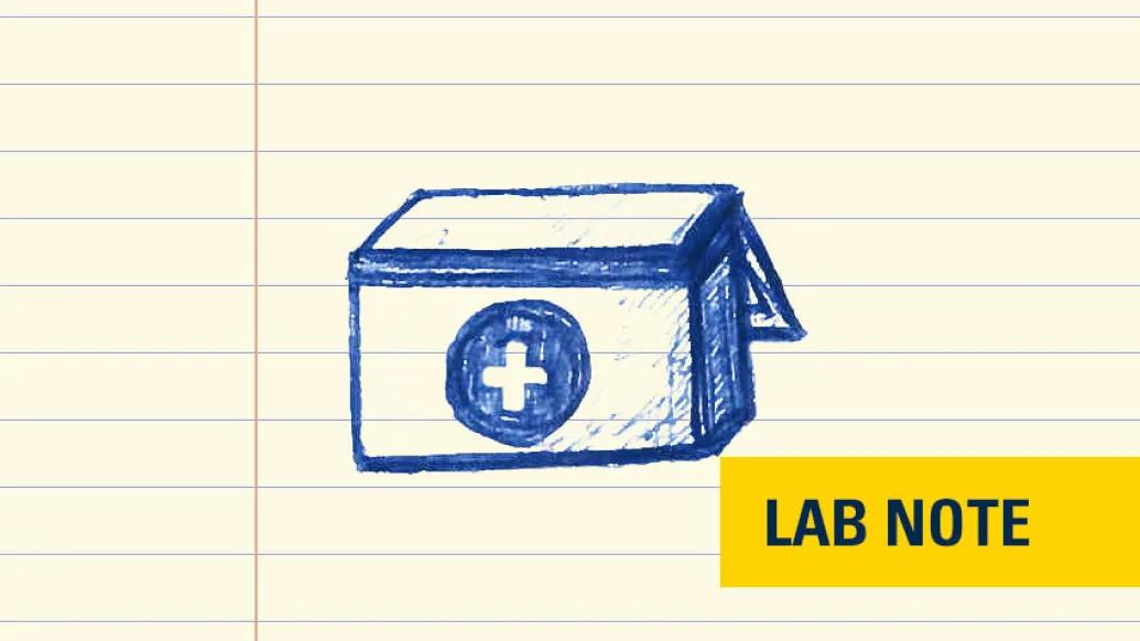 drawing in blue ink of organ carrier with yellow badge bottom right in blue text and yellow overlay