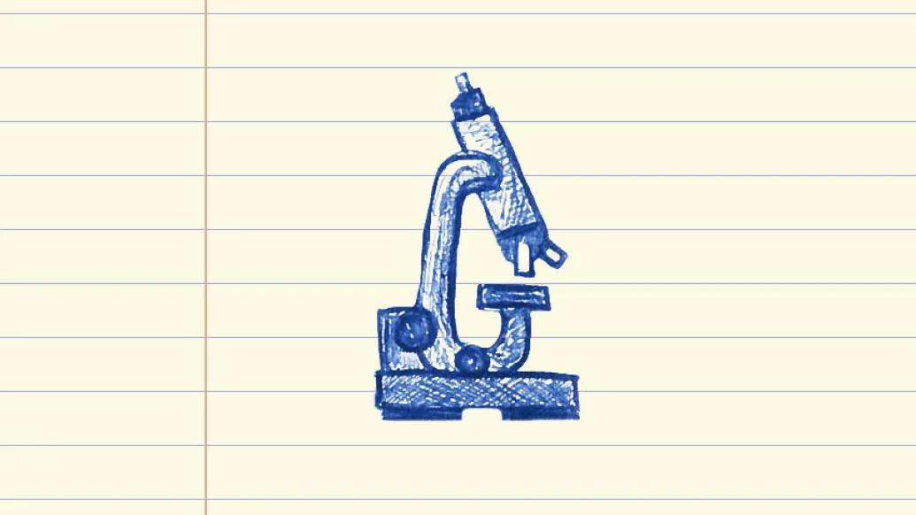 microscope drawn in blue ink on notepad paper