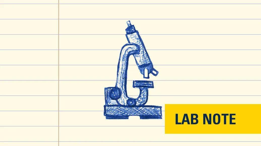 stethoscope drawing in blue ink on lined paper with lab note writing on bottom right in yellow and navy