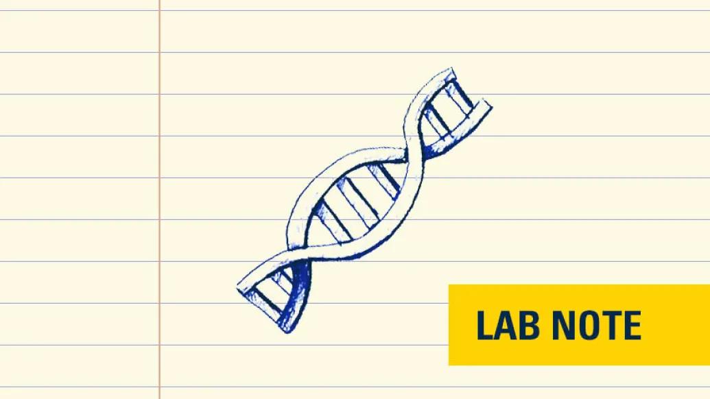 drawing of a DNA strand in yellow badge that says lab note