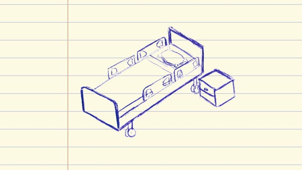 drawing of hospital bed on lined paper