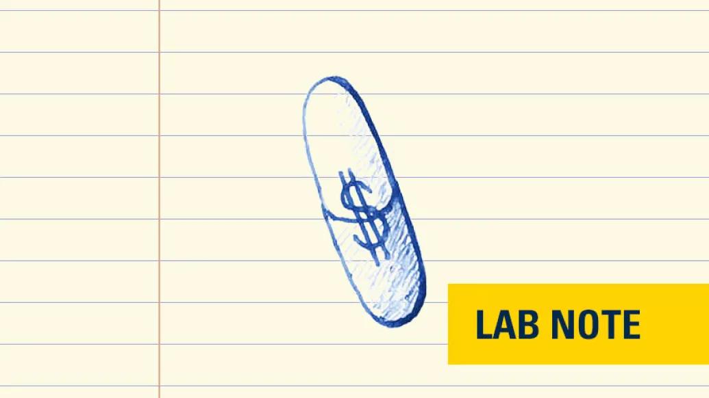 drawing in blue ink on notepad paper of pill with dollar sign in it with lab note wording in yellow and navy on bottom right