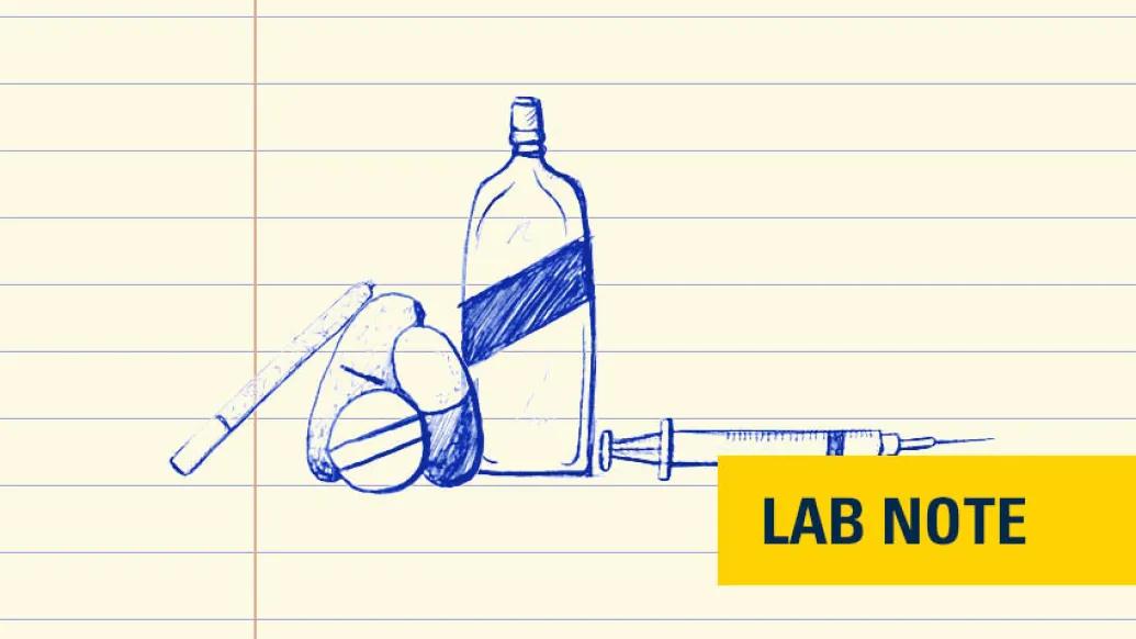 drawing in blue ink of drugs and syringes 