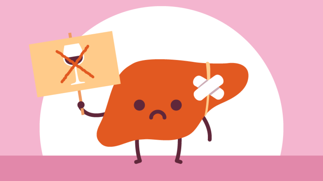 pink cartoon liver with bandages on it appearing sad with sign that has X through wine glass
