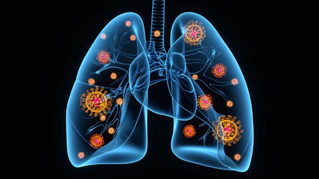 lungs drawn in blue with black background and red cells inside