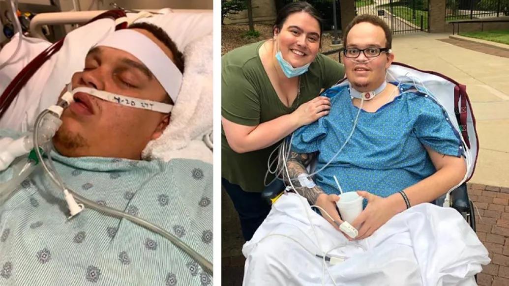 man in hospital bed and man with wife in wheelchair
