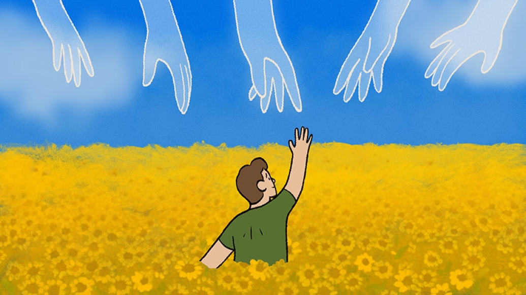 man reaching for sky sunflowers