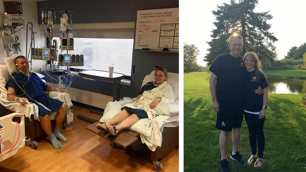dad and daughter in hospital room in hospital beds and on right father and daughter standing together outside with blue michigan donor shits on