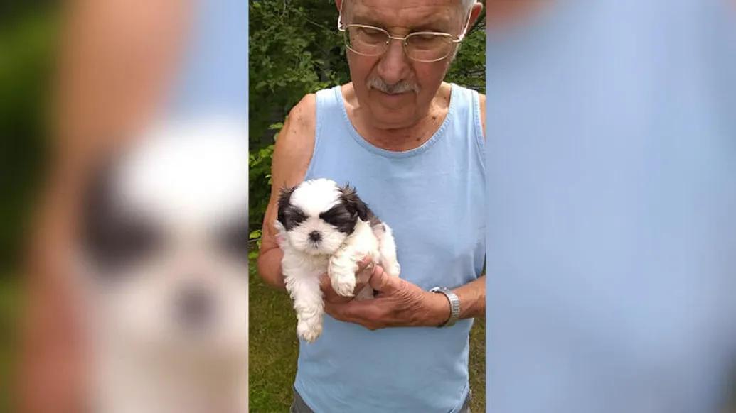 Man holding a dog outside