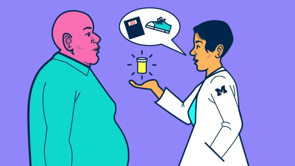 man teal shirt with doctor scale in talk bubble