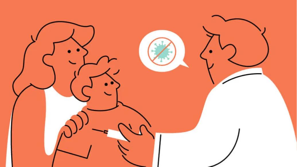 Mother with child and doctor receiving the Covid vaccine orange background