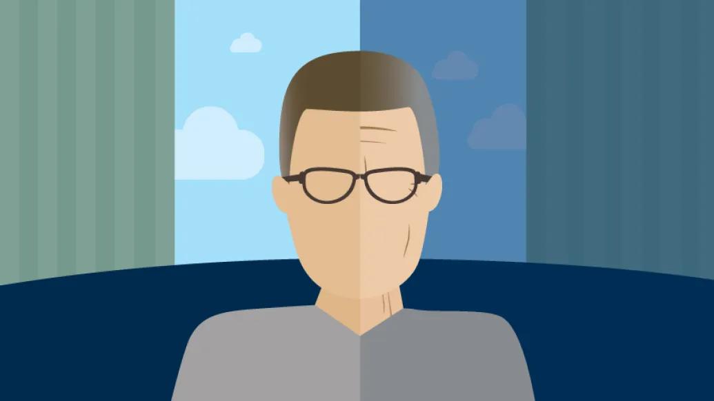 older person split face younger and older