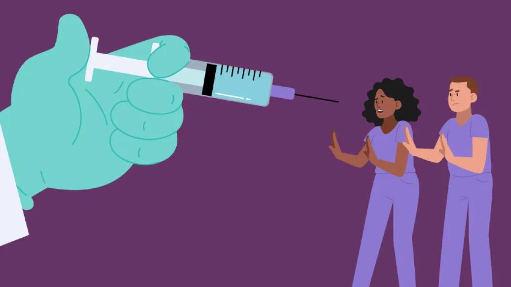 nurses retreat from glove hand with vaccine