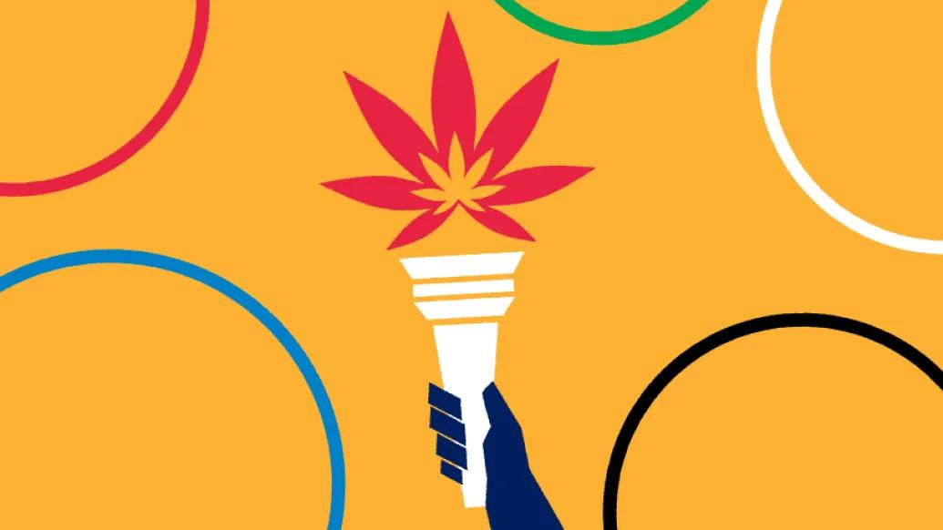 orange background with olympic torch being held by dark blue hand and circles around it
