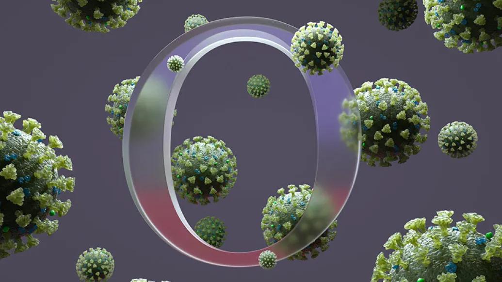 Omicron Green O-Virus, multicolor "O" in middle of virus particles on purple and grayish background