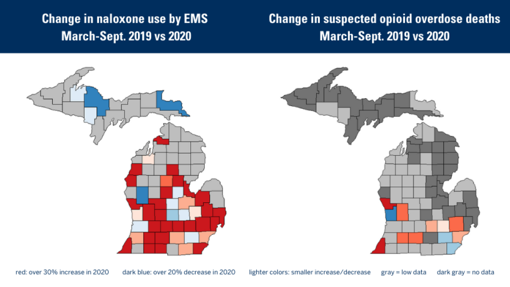 change in naloxone use by EMS march-sept. 2019 vs 2020. red: over 30% increase in 2020. dark blue: over 20% decrease in 2020. Change in suspected opioid overdose deaths March-Sept. 2019-2020. lighter colors: smaller increase/decrease gray = low data dark gay = no data