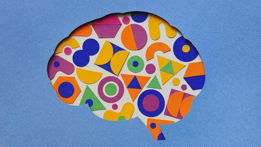 brain geometric shapes colorful blue background