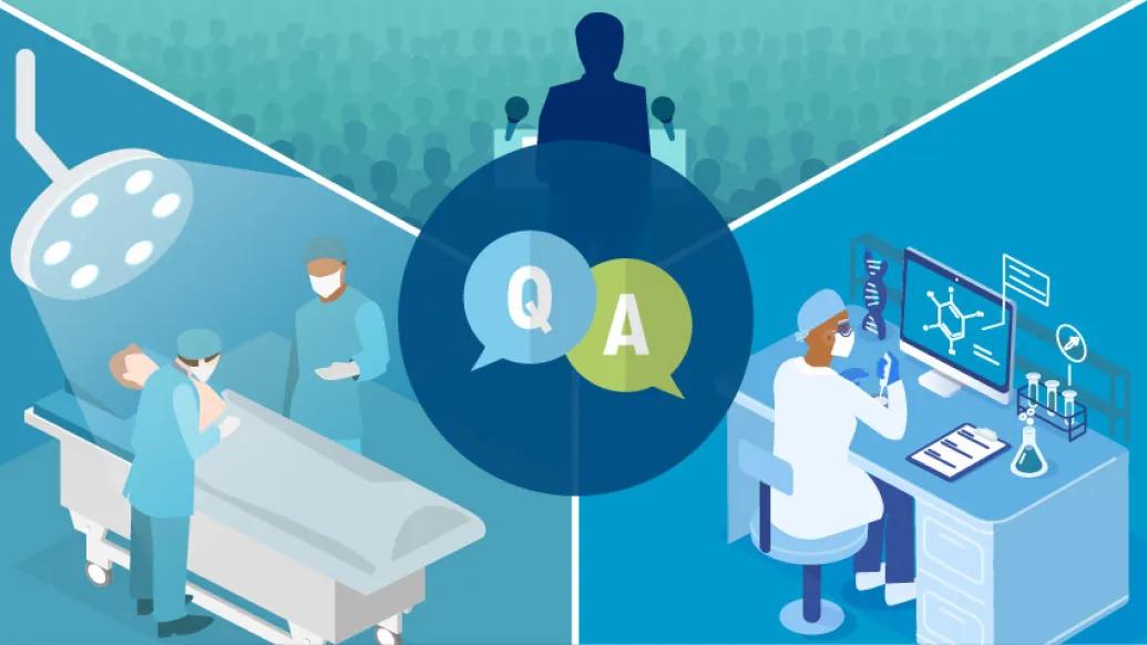 blue background with OR and research and at podium in front of office