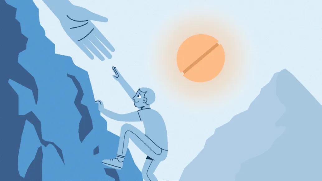 person climbing mountain in blue and orange pill as sun with hand reaching down to help person climbing
