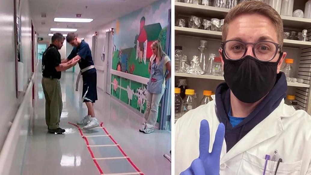 PT with patient climbing up ladder and selfie of brother with mask on with peace sign in lab