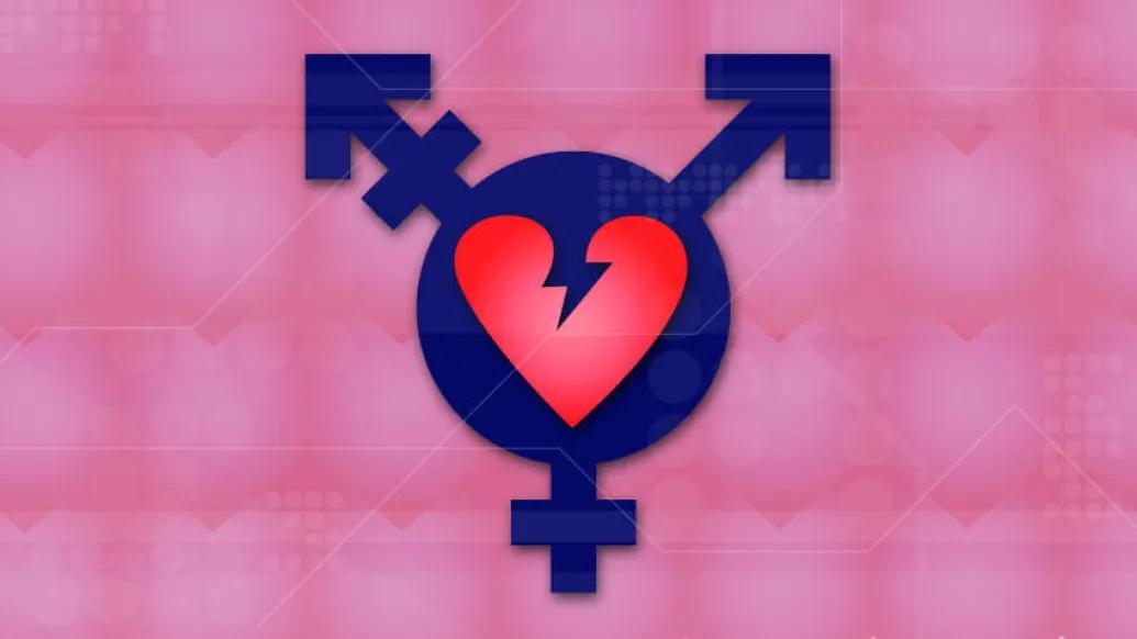 pink broken heart transgender symbol on pink patterned background