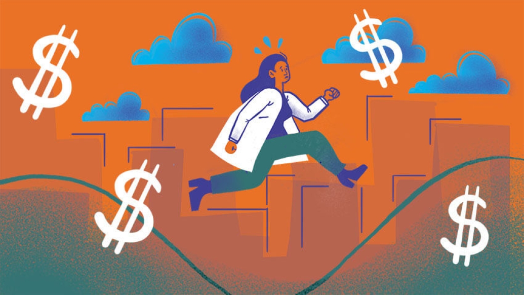Doctor floating with dollar signs and clouds orange and green background with buildings
