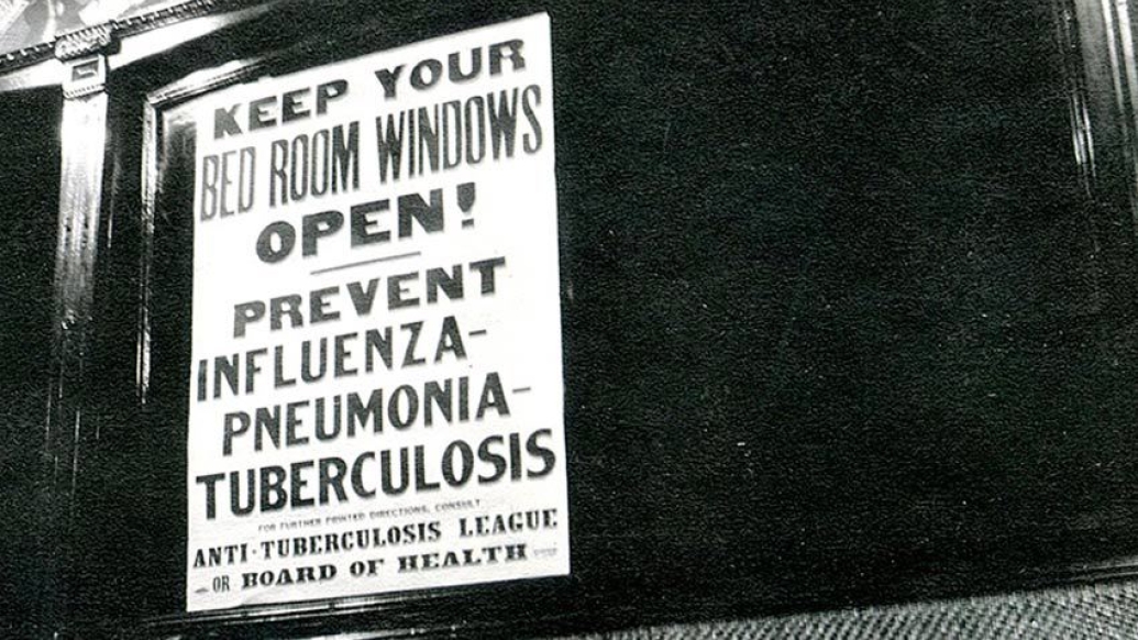 influenza sign in black and white saying keep your bed room windows open! prevent influenza-pneumonia tuberculosis anti-tuberculosis league or board of health