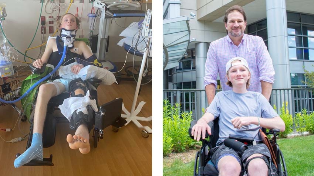 teenage boy in wheelchair with severe injuries on left and then leaving hospital on right smiling with his dad in wheelchair