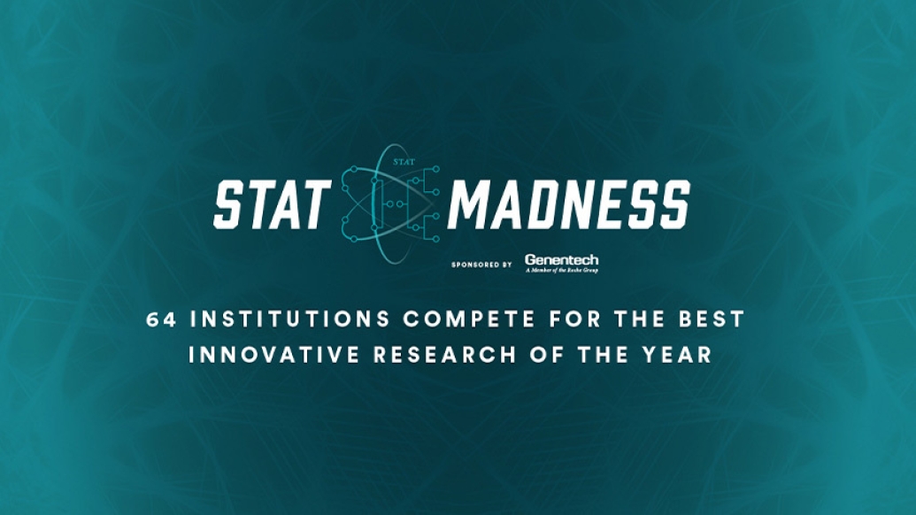 teal background saying Stat madness 65 institutions compete for the best innovative research of the year