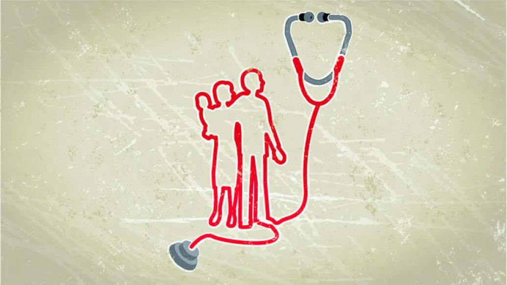 Stethoscope next to outline of family in red texture grit
