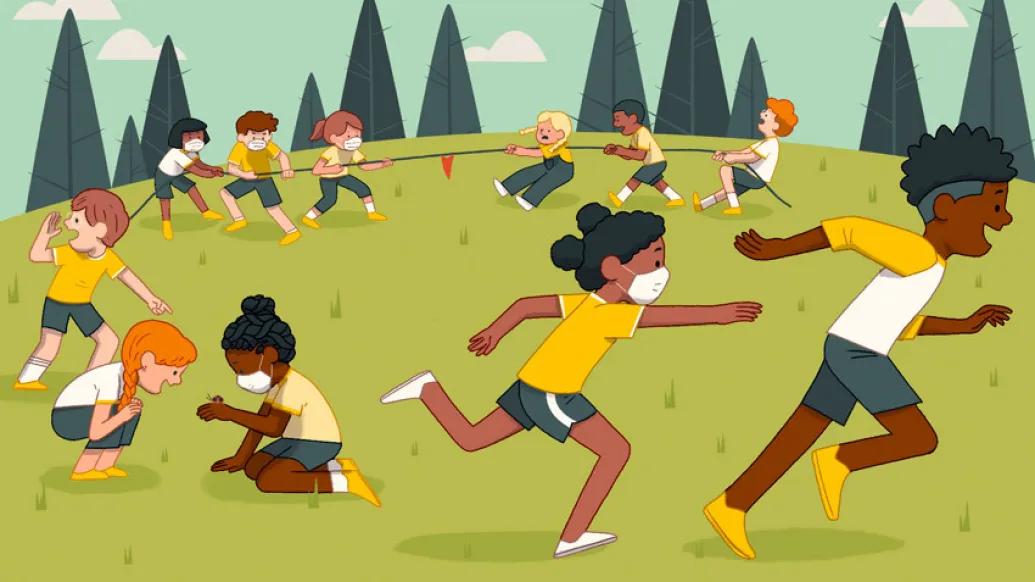 summer cam kids running outside some with masks on