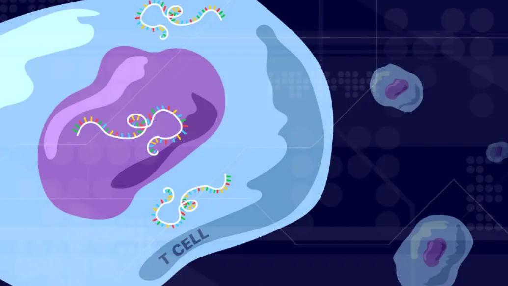 blue cell with purple cell inside with yellow squiggly lines and other ones floating nearby
