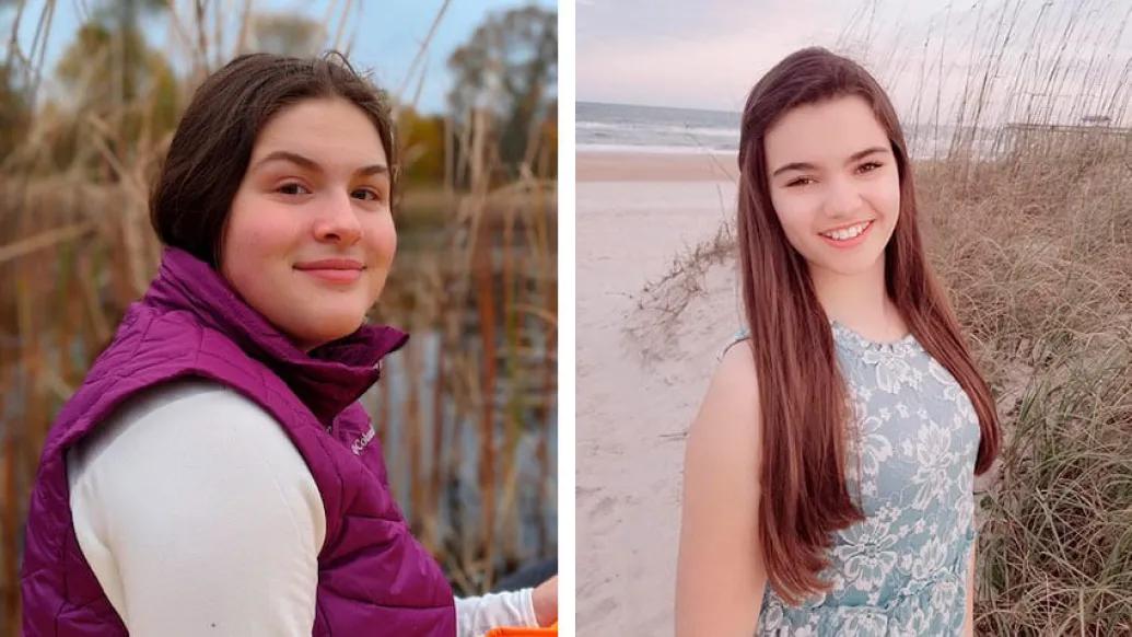 Teen girls with nature one by pond and grass and the other on the beach