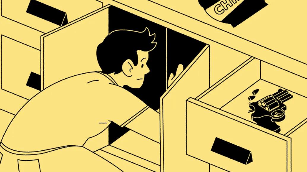 teenager cupboard drawer gun with picture in yellow and black