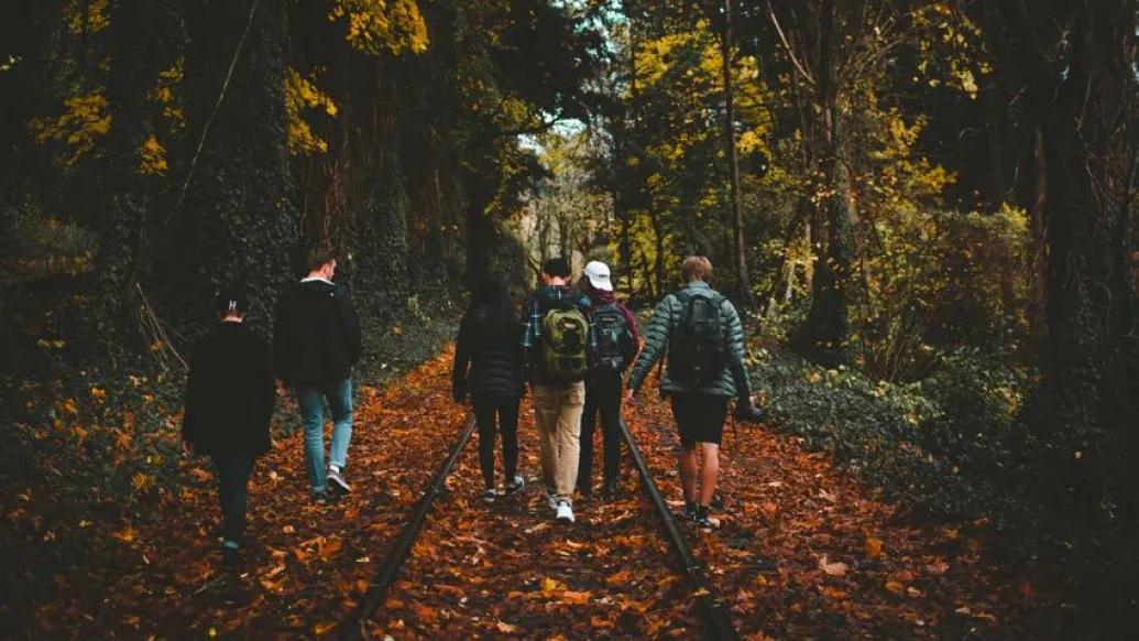 teenagers walking forest train tracks