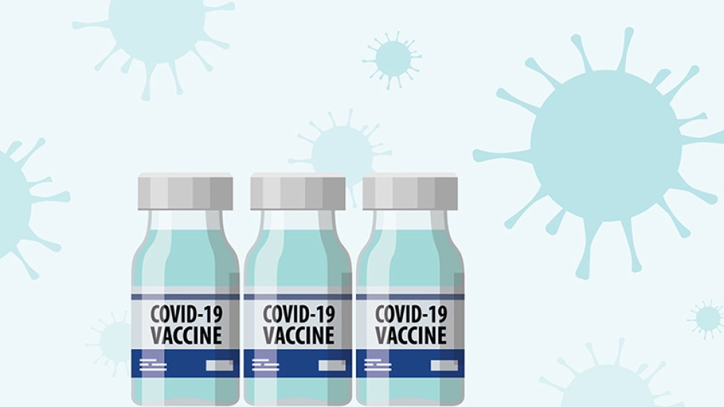 three vials of covid virus background in light blue with light blue germs flying around