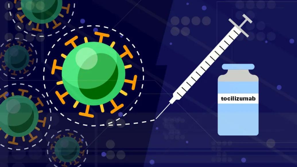 green and red cell on left and bottle of medicine with syringe on right