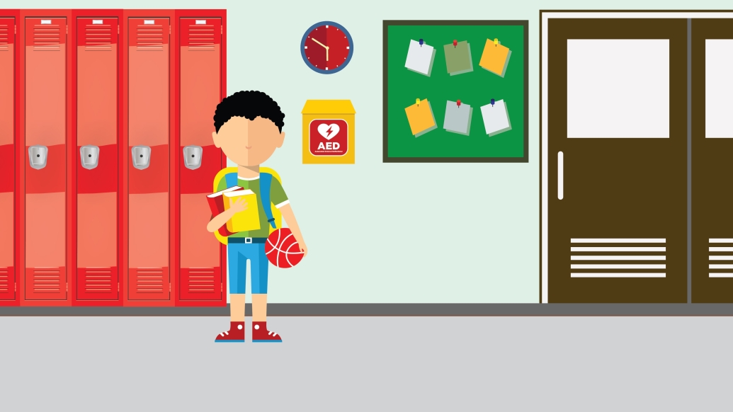 Illustration of student standing next to an automated external defibrillators (AED)