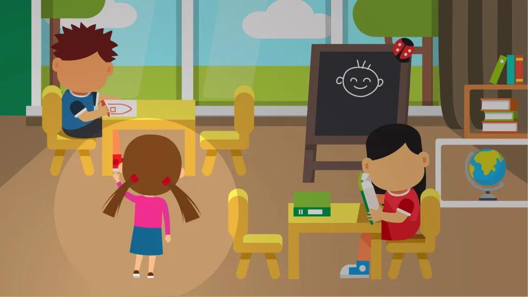 Graphic of three childen in a classroom