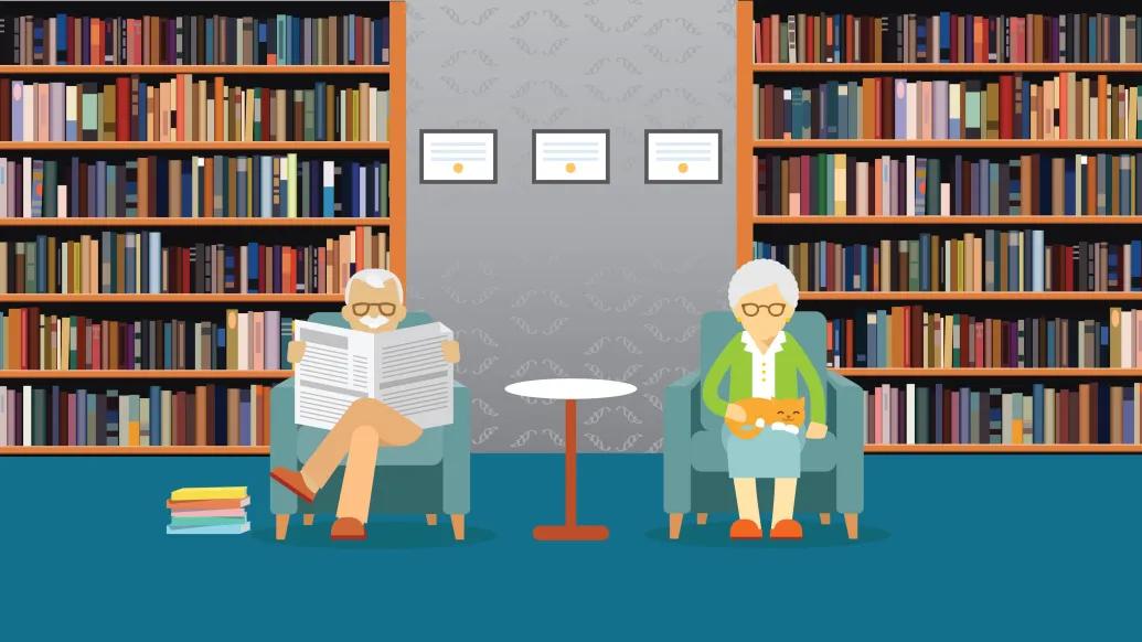 Graphic of elderly couple sitting in a library