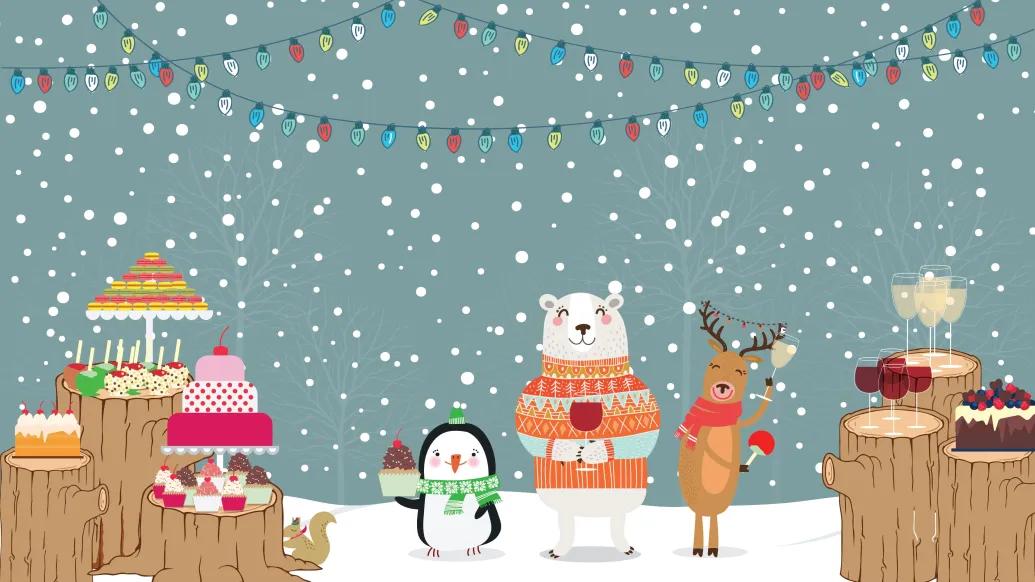 Animals eating healthy at a holiday party
