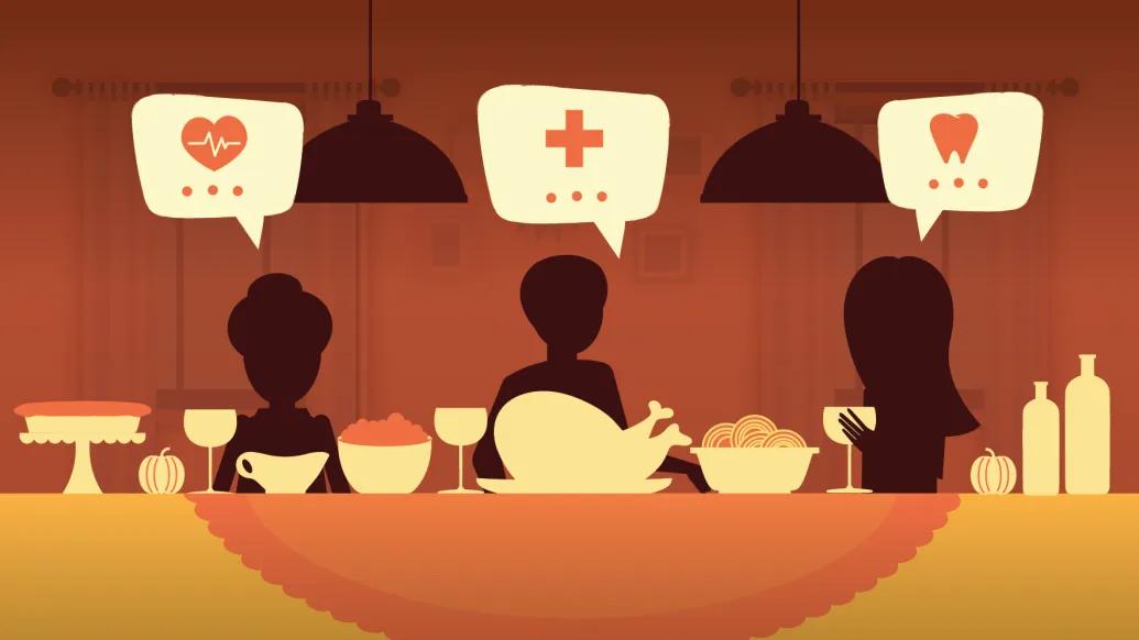 A family discussing their family's medical history at Thanksgiving