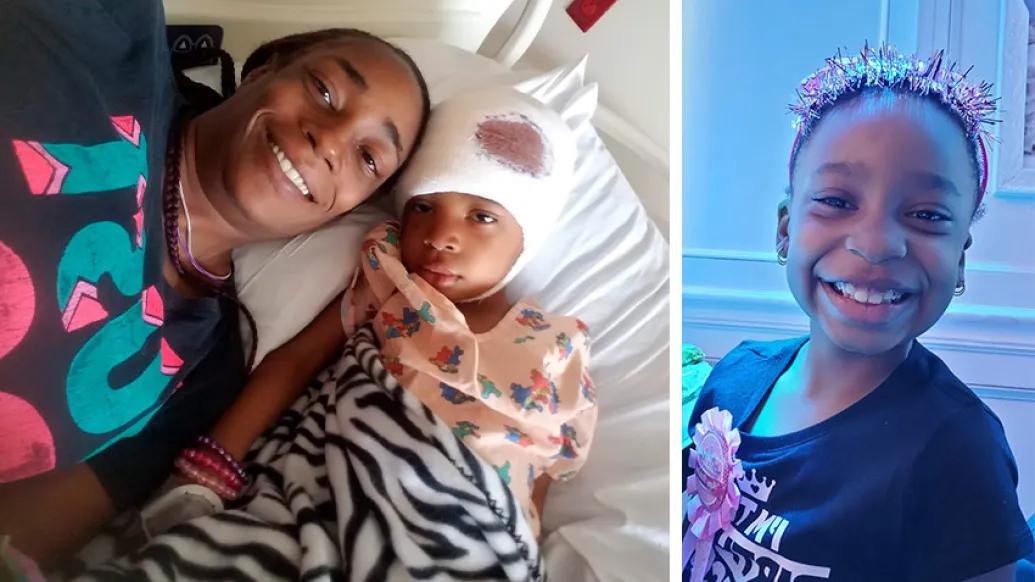 Woman in hospital bed with baby in bandages. Girl smiling by water.
