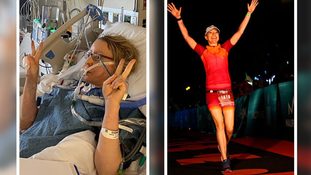 woman in icu on left and running marathon on right with hands up high in joy wearing red