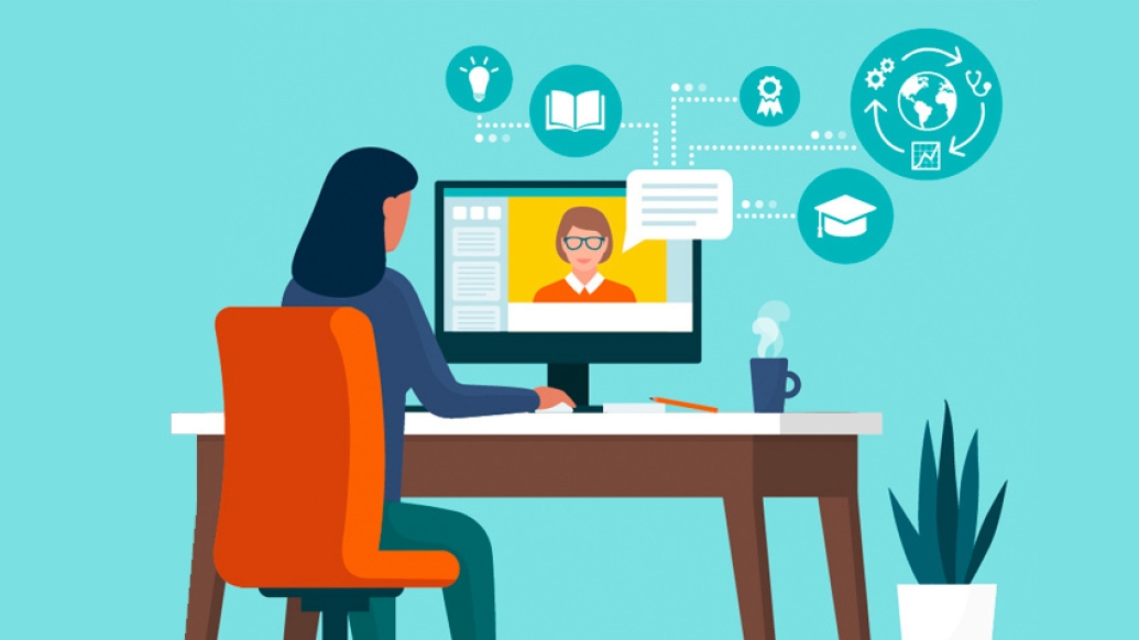 graphic of woman sitting at computer with professor on screen and bubbles floating around about science and health