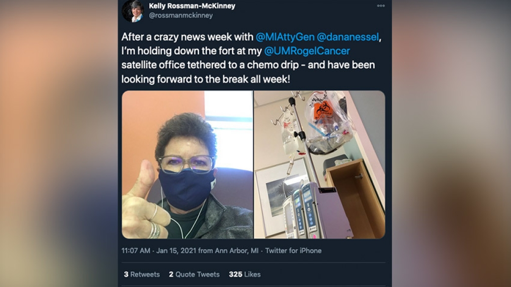 woman giving a thumbs up in a tweet with photo on right of her chemo IV drip