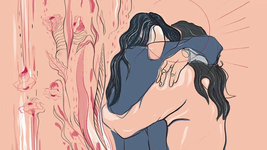 Women hugging girl flower abstract