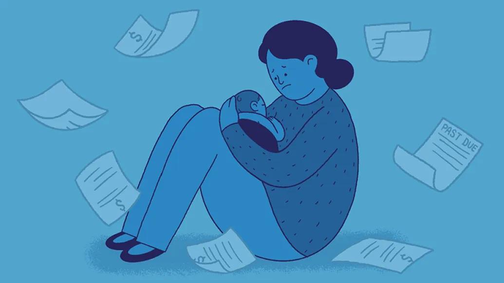 Mom sitting on floor holding baby with a frown, paper bills floating around blue background