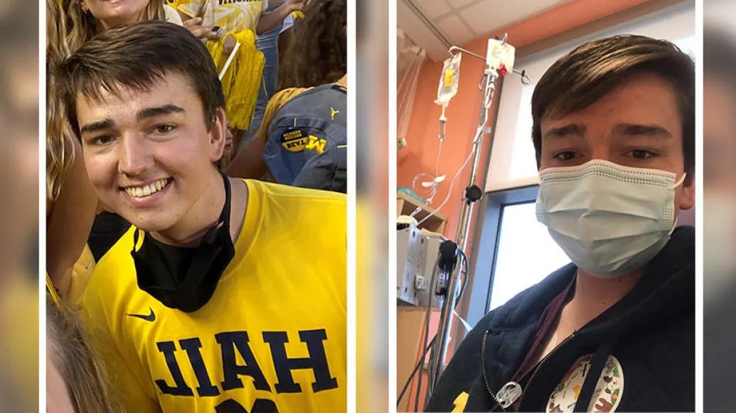 young man in yellow shirt on left and on right same young man in mask and blue shirt